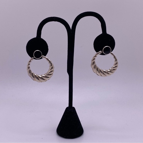 VTG 925 Sterling Silver and Onyx Signed ND Norwegian Puffy dangle Earrings - Picture 1 of 5